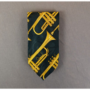 Empire High Fashion Necktie Men's Silk Trumpet Pattern Music Theme green Gold